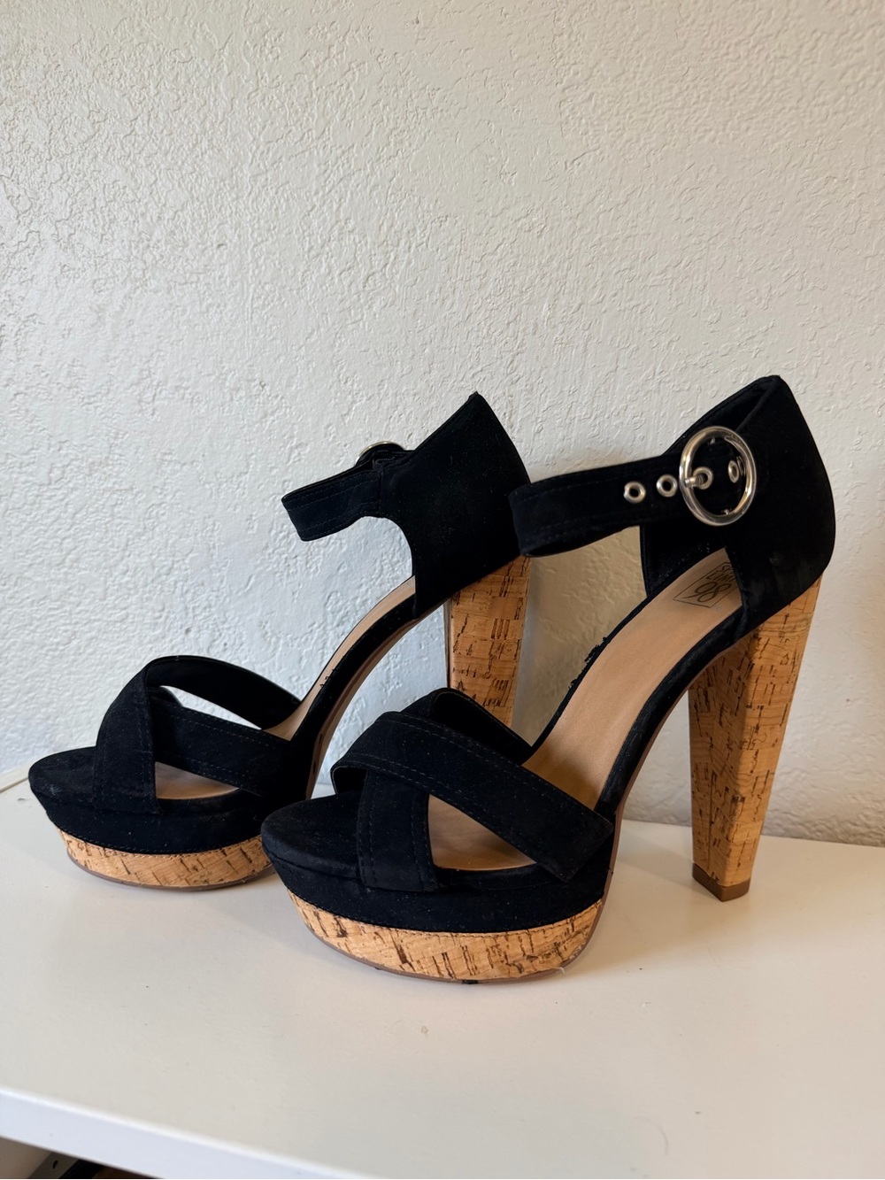 Black Cork Platform Ankle-Strap Heels